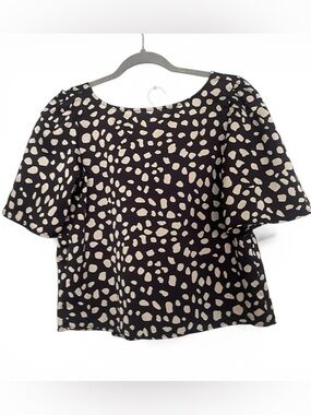 Loft Cropped Blouse Black Tan Spotted Print Back Tie Puff Sleeve size XS preppy